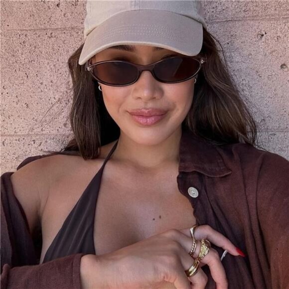 Retro Oval Cat Eye Sunglasses Women 90s Y2K Small Slim UV Protection Shades - Picture 5 of 7